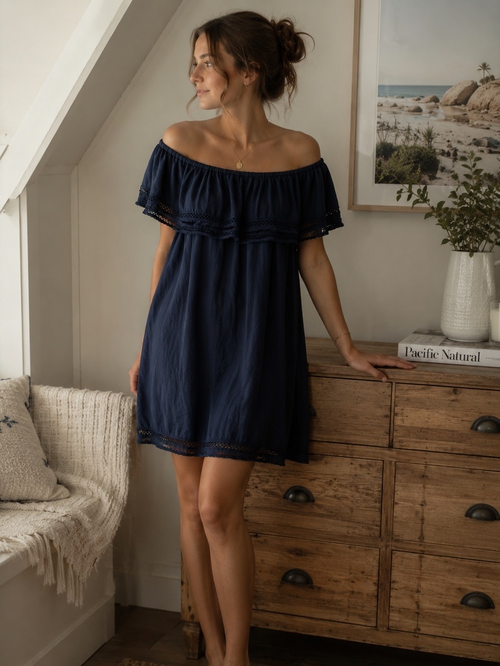 Aritzia Wilfred 100% Modal Off Shoulder Boho Mini Dress Navy Large Quiet Luxury